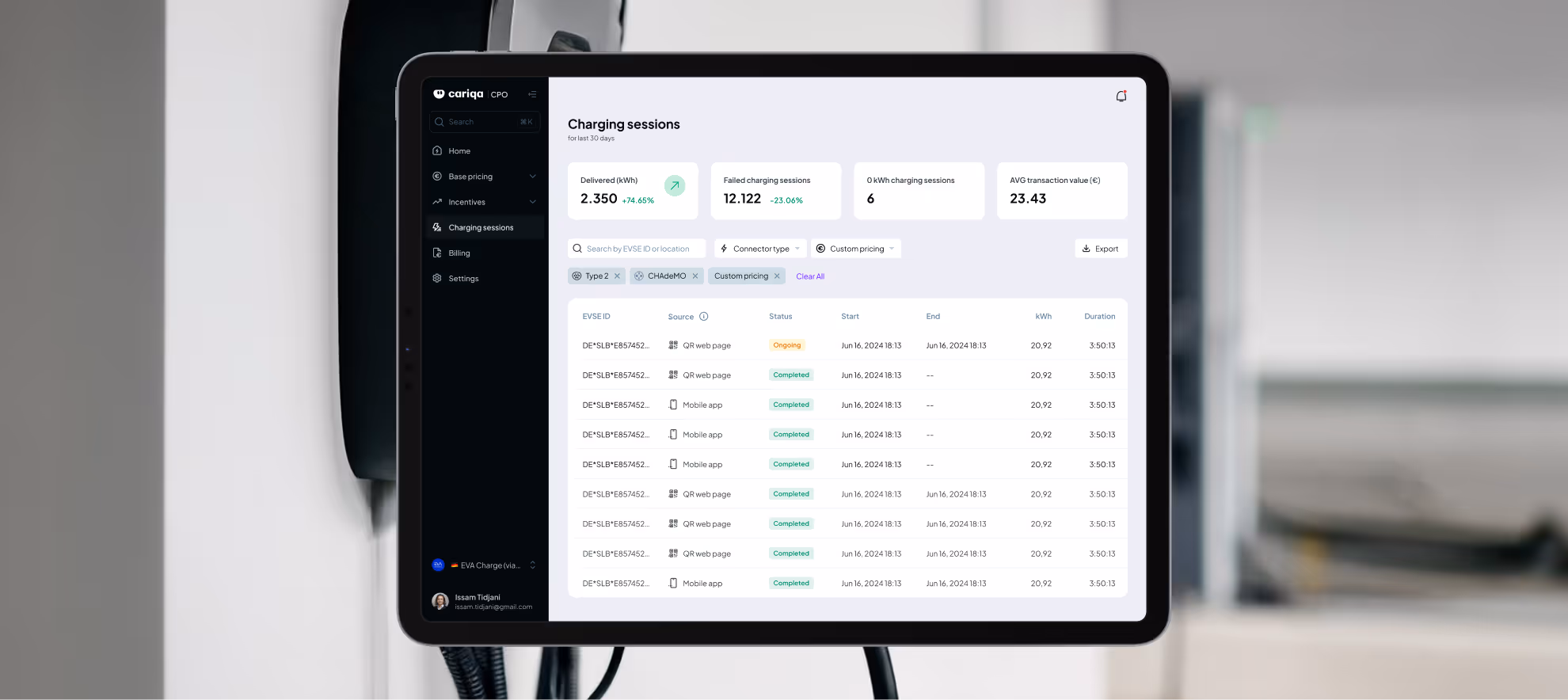 Tablet displaying Cariqa CPO dashboard with charging sessions data, including status, kWh delivered, and duration.