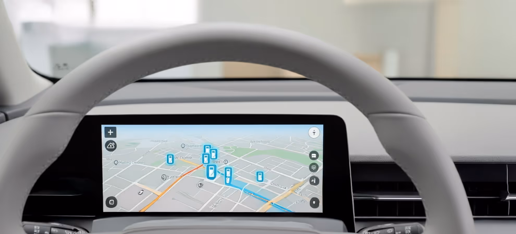 Car dashboard showing a GPS navigation screen with a map and highlighted routes.