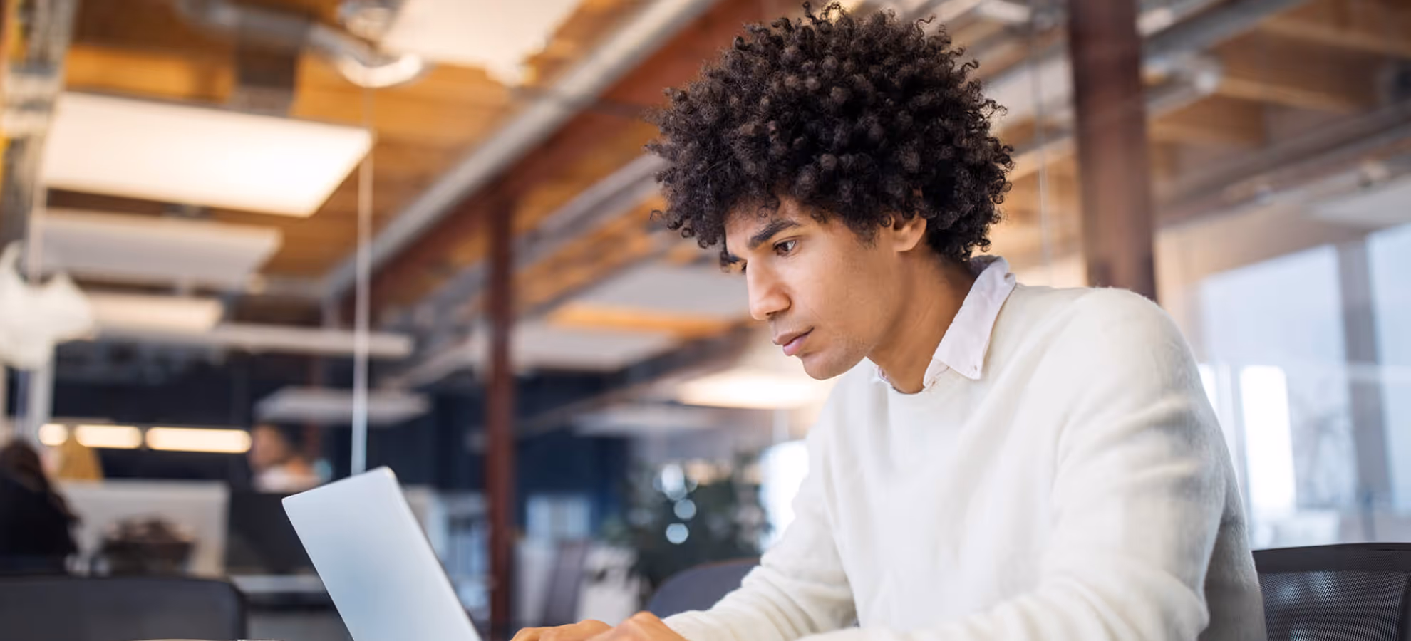 Young man with curly hair focused on working on a laptop in a modern office setting.