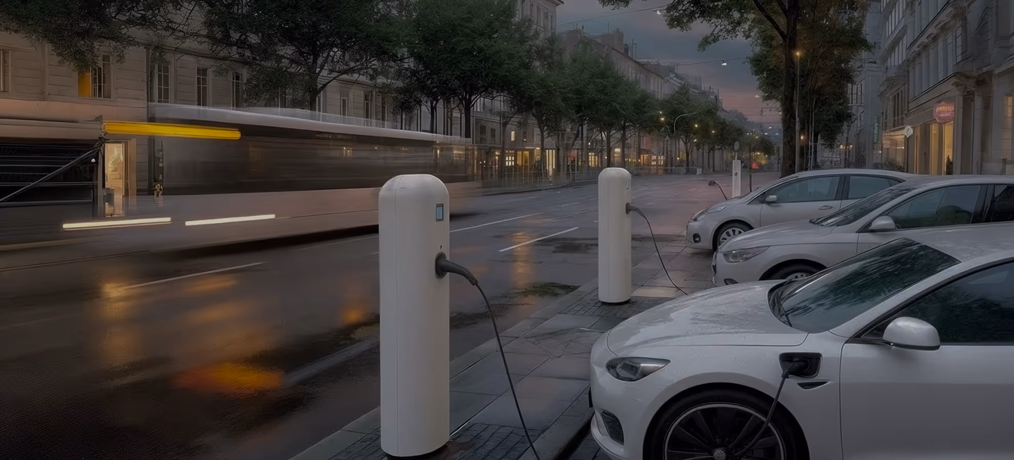 White electric cars charging at street charging stations along a wet city road at dusk with blurred passing tram.